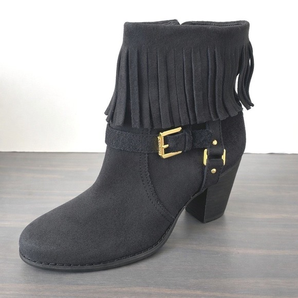 Lauren Ralph Lauren Mara Fringe Western Ankle Boots Women 9B Black Suede Leather